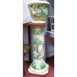 A Pottery Jardiniere on Stand, moulded in relief with figures and foliage, on octagonal pedestal