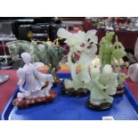 A Green Mineral Tang Horse, jadeite bird, other Oriental figures:- One tray