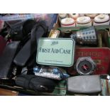 Quantity of Tins, handbags, Commodore binoculars, etc:- One Box