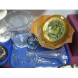 A Heavy Lead Crystal Ice Bucket, carnival glass dished plate, Epergne flutes, mid XX Century ceiling