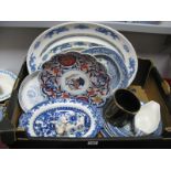 XIX Century Willow Pattern Meat Plates, XIX Century blue and white drainer (damage), other blue