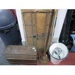 A Singer Sewing Machine (cased), enamel buckets, copper posher and a leaded stained glass panel (