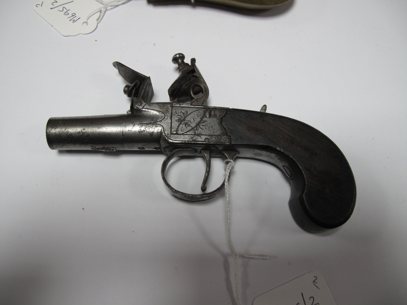 A Late XVIII British Muff/Overcoat Flintlock Pistol by Clark of London, screw off barrel, working - Image 6 of 8