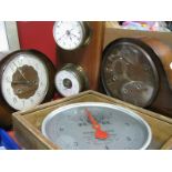 Two Walnut Smiths Mantel Clocks, a Reuben Heaton Ever Ready Scale, clock/barometer:- One Tray