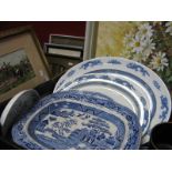 XIX Century Willow Pattern Meat Plates, XIX Century blue and white drainer (damage), other blue