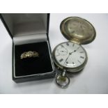 A Silver Pocket Watch, enamel dial, second hand, wind up, plus ring.