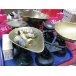 Three Victorian Style Cast Iron Scales, brass weights including bell examples; boxed cylindrical