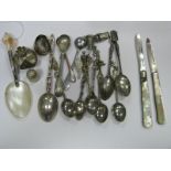 Two Hallmarked Silver and Mother of Pearl Folding Fruit Knives, (damages) souvenir and other spoons,