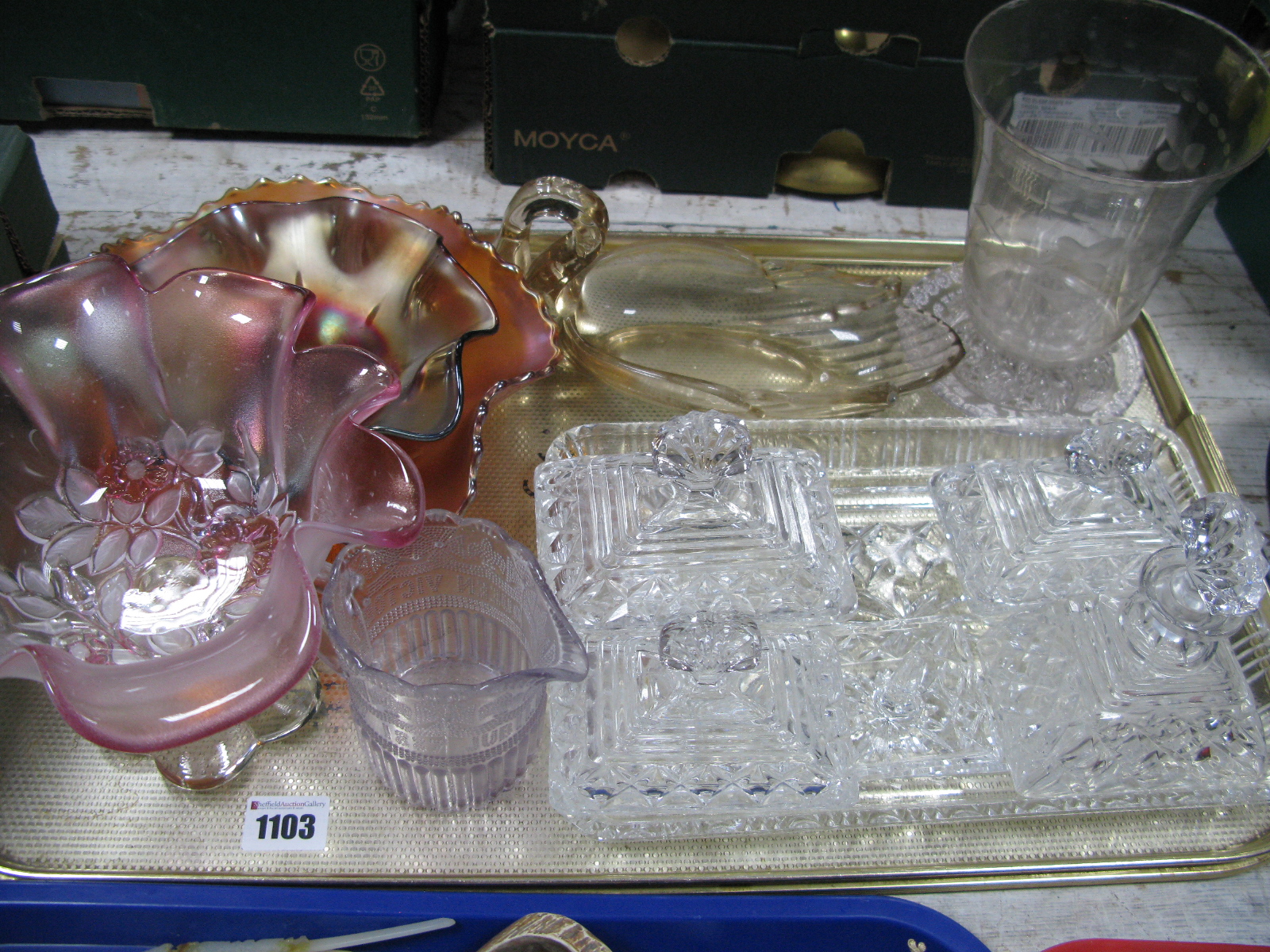 Ladies Pressed Glass Dressing Table Set, carnival glass bowl etc:- One Tray