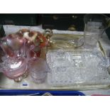 Ladies Pressed Glass Dressing Table Set, carnival glass bowl etc:- One Tray