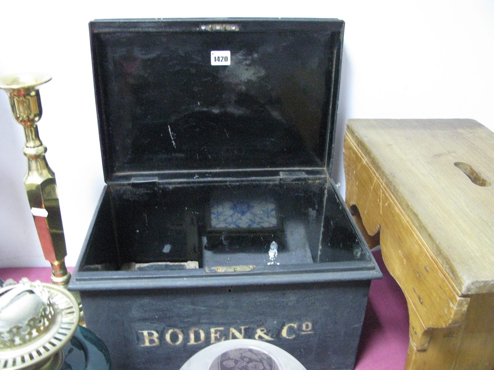 Black Deed Box, with the name 'Boden & Co' on the front, together 18th/19th century door lock (no