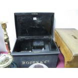 Black Deed Box, with the name 'Boden & Co' on the front, together 18th/19th century door lock (no