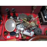 Intrepid Fishing Reel, candlesticks, brass figures etc:- One Tray