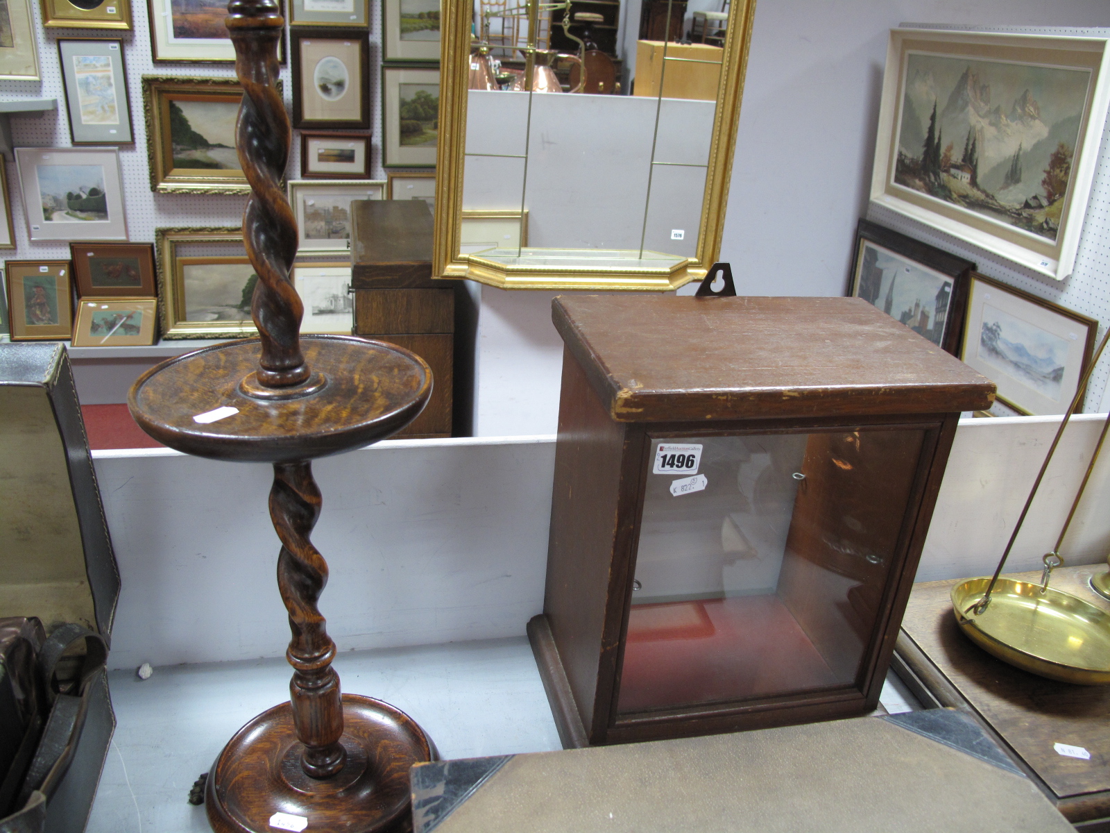 An Oak Barley Twist Smokers Stand, pine wall display case. (2)