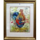 Lynne Kew (Contemporary), cockerel, mixed media fabric, signed to mount 51 x 41cm.