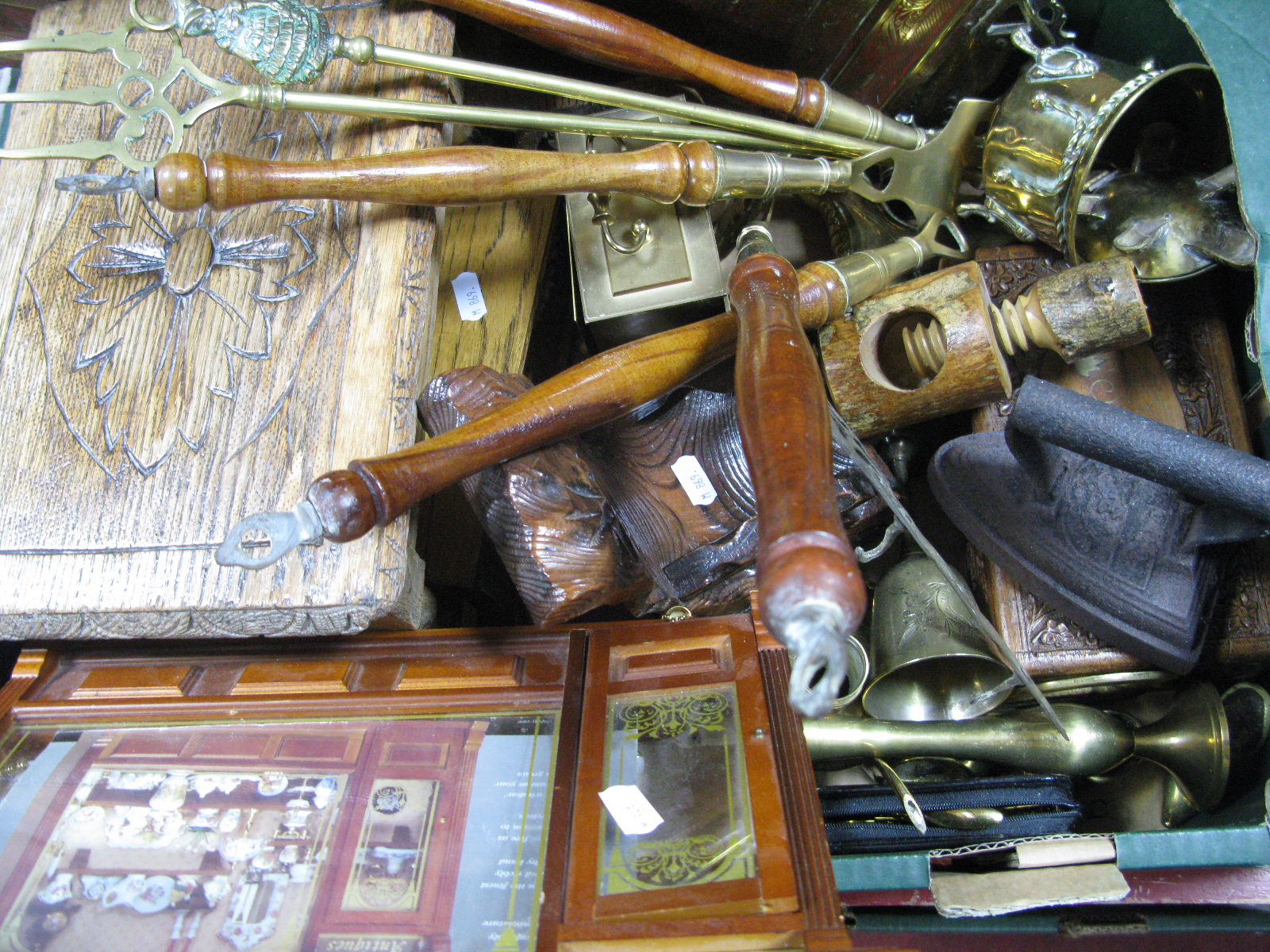 A Brass Rectangular Tray, oak stool, brass ware, flat iron etc:- One Box