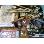 A Brass Rectangular Tray, oak stool, brass ware, flat iron etc:- One Box