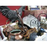 A XIX Century Copper Kettle, duck doorstop etc:- One Box. magazine rack fibre glass cockerel wall