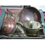 A XIX Century Copper Kettle, and XIX Century brass pans, copper bowl, brass watering can etc:- One