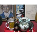 Villeroy & Boch Vase, ashtrays, a XIX Century dessert plates, pottery horses, stein:- One Tray; plus