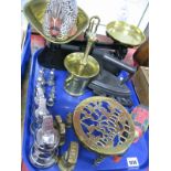 Brass Bell Weights, XIX Century brass mortar-pestle, scales, flat iron etc:- One Tray