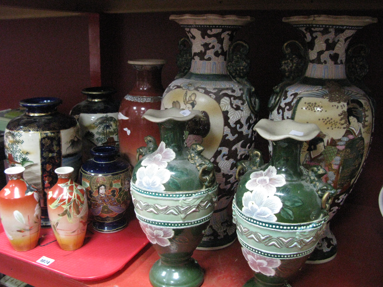 Two Pairs of Japanese Pottery Vases, (damaged); seven other Japanese pottery vases:- One Tray