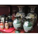 Two Pairs of Japanese Pottery Vases, (damaged); seven other Japanese pottery vases:- One Tray