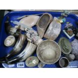 Horn Penguins, resin scrimshaws, mineral boxes, trees etc:- One Tray