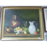 Continental School, Mid to Late XX Century, Still Life of Fruit, beside a jug and copper jar, oil on