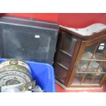 Wall Display Cabinet, needlework items, tins, case.