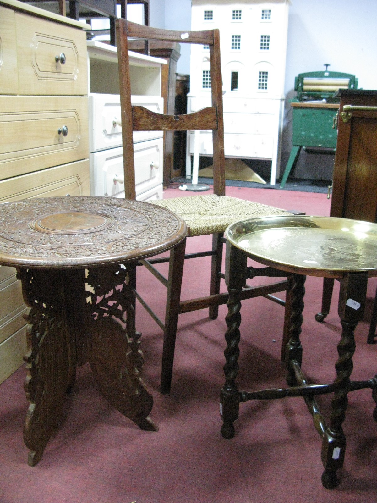 A Brass Circular Tray Engraved on a Barley Twist Stand, together with a folding hardwood table and a