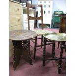 A Brass Circular Tray Engraved on a Barley Twist Stand, together with a folding hardwood table and a