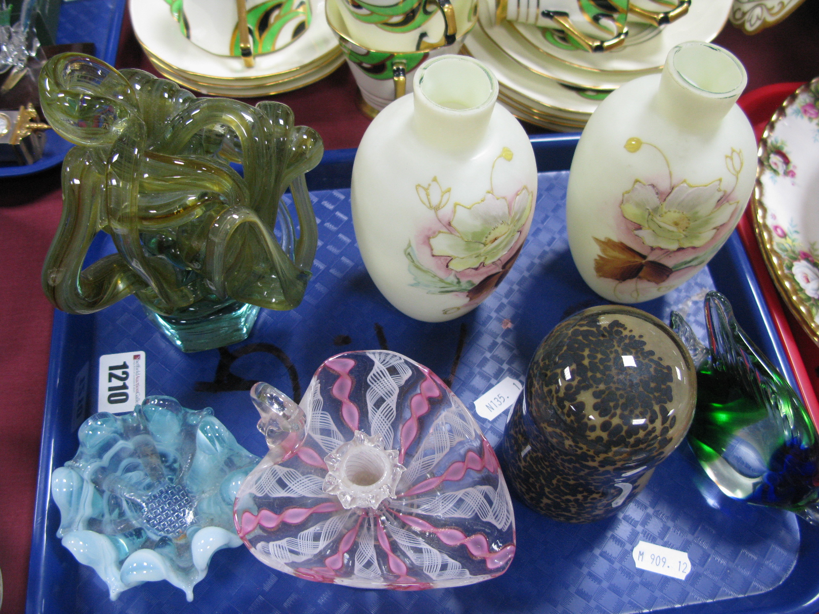 A Latticino Glass Chamber stick, Owl paperweight, pair ovoid glass vases, Mdina style ornament etc:-