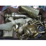 A Brass Kettle, Sankey jug, model canons, fire dogs, eagle etc:- One Box