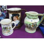 Crown Devon 'Widdicombe Fair' Musical Water Jug, similar tankard and cavalier jug.