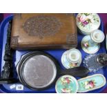 Carved Indian Box, carved ebonized figure, sugar castor, pottery trinkets etc:- One Tray