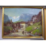 Hein Hoppmann, Alpine Courtyard Scene, oil on canvas, signed lower left. 58.5 x 78.5cm