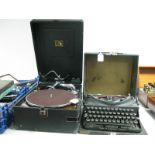 HMV Portable Gramophone, with winder, in black leatherette covering; Imperial Typewriter. (2)