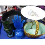 Blue Glass Hand Ring Stand, bearing Kitemark, 22cm high, Bretby bowl, dessert comport, majolica