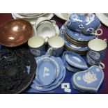 Wedgwood Powder Blue Jasper trinkets, XIX Century tea ware, pierced iron dish, copper bowl:- One
