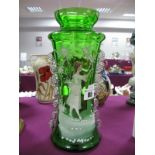 Mary Gregory Green Glass Vase, with clear frill sides, 27.5cm high.