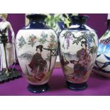 A Pair of Early 20th Century Japanese Vases, decorated with figures & Mount Fuji in the background.