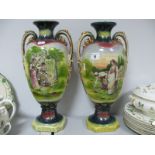 A Pair of Victorian Royal Crown 'England' Pottery Mantel Vases, featuring Rose and Arabic scenes,
