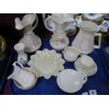 Belleek Porcelain Vases, trinkets, shell cup and saucer, etc, various backstamps - green, black,