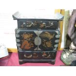 An Early XX Japanese Lacquered Table Casket, with silvered copper mounts and handles to drawers