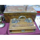 19th Century Walnut Brass Bound Writing Box with a hinged lid leather tooled silver with brass