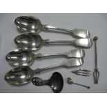 A Set of Four Hallmarked Silver Fiddle Pattern Spoons, HW&Co, Sheffield 1859, a plated caddy