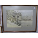 David J Curtis, Jetty and Yachts by House with Tranquil Reflective Waters, watercolour signed and