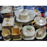 A Crown Devon 'Era' Biscuit Jar, Breakfast Server, tea pot (crazed), other cream grounded ceramics:-