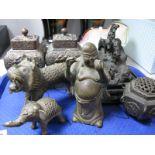 Pair Japanese White Metal Tea Caddies, terrier sculptor, hexagonal censor, buddah, etc :- One Tray